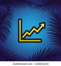 Growing bars graphic sign. Vector. Golden icon with black contour at blue background with branches of palm trees.