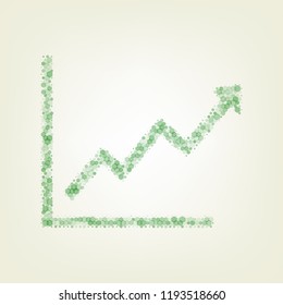 Growing bars graphic sign. Vector. Green hexagon rastered icon and noised opacity and size at light green background with central light.