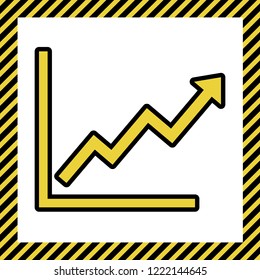 Growing bars graphic sign. Vector. Warm yellow icon with black contour in frame named as under construction at white background. Isolated.