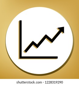 Growing bars graphic sign. Vector. Black icon with light brown shadow in white circle with shaped ring at golden background.