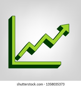 Growing bars graphic sign. Vector. Yellow green solid icon with dark green external body at light colored background.