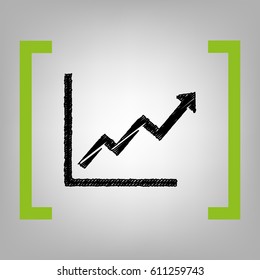 Growing bars graphic sign. Vector. Black scribble icon in citron brackets on grayish background.