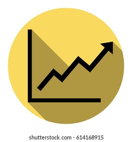 Growing bars graphic sign. Vector. Flat black icon with flat shadow on royal yellow circle with white background. Isolated.