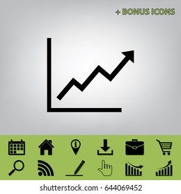 Growing bars graphic sign. Vector. Black icon at gray background with bonus icons at celery ones