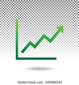 Growing bars graphic sign. Vector. Green gradient icon with shadow at bottom on transparent and white background.