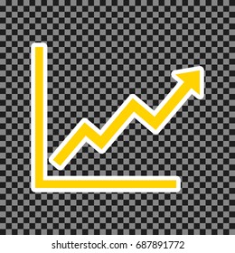 Growing bars graphic sign. Vector. Yellow icon with white contour on dark transparent background.