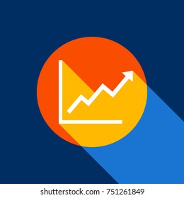 Growing bars graphic sign. Vector. White icon on tangelo circle with infinite shadow of light at cool black background. Selective yellow and bright navy blue are produced.