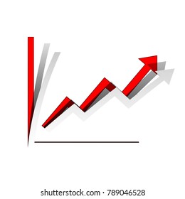 Growing bars graphic sign. Vector. Detachable paper icon with red body stock. Isolated.