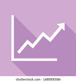 Growing bars graphic sign. White Icon with long shadow at purple background. Illustration.