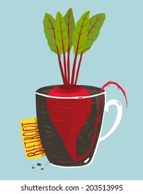 Growing Beetroot with Green Leafy Top in Mug. Vegetable container gardening illustration. Layered vector EPS8