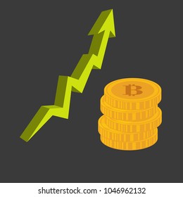 Growing bitcoin up and growing up arrow graphics