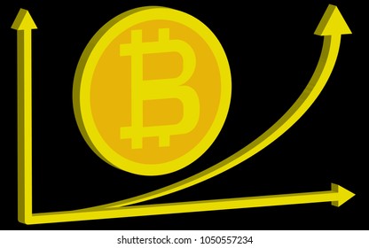 Growing bitcoin up and growing up arrow graphics 3d on a black background, vector illustration