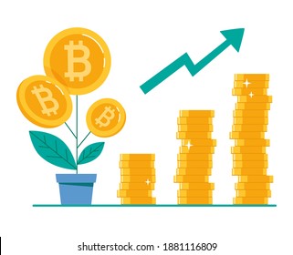Growing bitcoin, banner. Japanese candlestick chart, quotes. Blockchain technologies, finance, digital money market, cryptocurrency
coins. Vector flat