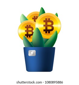 Growing bitcoin icon like flower, plant with leaves, vector illustration for banking, financial industry, cryptocurrency, economy, accounting, etc