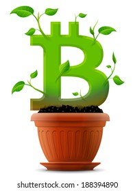 Growing bitcoin symbol like plant with leaves in flower pot. Stylized plant in shape of bitcoin sign in ground. Vector image for banking, financial industry, cryptocurrency, economy, accounting, etc