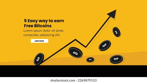 Growing blockchain crypto currency Bitcoin. Floating bitcoins and upwards arrow. Bitcoin banner vector illustration.