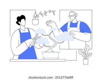 Growing bonsai isolated cartoon vector illustrations. Man caring for bonsai with a mentor, workshop day, gardening master class, growing plant, weekend pop-up course vector cartoon.