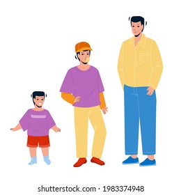 Growing Boy From Little Baby To Adult Man Vector. Growing Boy, Smiling Small Kid, Chewing Gum Teenager And Elegant Grown Guy. Character Life Cycle From Child To Big Flat Cartoon Illustration