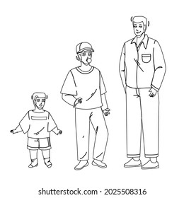Growing Boy From Little Baby To Adult Man Black Line Pencil Drawing Vector. Growing Boy, Smiling Small Kid, Chewing Gum Teenager And Elegant Grown Guy. Life Cycle From Child To Big Illustration