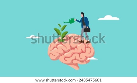 growing brain, growth mindset brain from education or training and experience, knowledge investment concept, happy businessman watering plants growing on human brain using watering can illustration