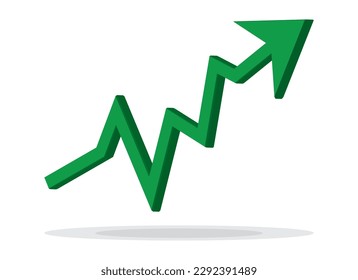 Growing business 3d green arrow on white. Profit arow Vector illustration.Business concept, growing chart. Concept of sales symbol icon with arrow moving up. Economic Arrow With Growing Trend.