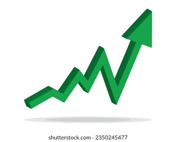 El negocio en crecimiento 3d flecha verde sobre blanco. Ilustración de vectores de rendimiento.Concepto de negocio, gráfico de crecimiento. Icono de símbolo de concepto de ventas con flecha hacia arriba. Flecha Económica Con Tendencia Creciente.