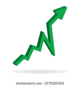 Growing business 3d green arrow on white. Profit arow Vector illustration.Business concept, growing chart. Concept of sales symbol icon with arrow moving up. Economic Arrow With Growing Trend.