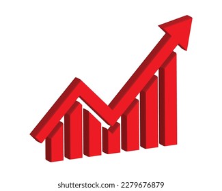 Growing business 3d red arrow on white. Profit red arrow, Vector illustration.Business concept, growing chart. Concept of sales symbol icon with arrow moving up. Economic Arrow With Growing Trend.