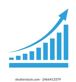 Creciente negocio flecha azul sobre blanco. Ilustración vectorial de flechas de ganancias. Concepto de negocio, gráfico de barras en crecimiento. Icono de símbolo de concepto de ventas con la flecha hacia arriba. Flecha económica con tendencia creciente.