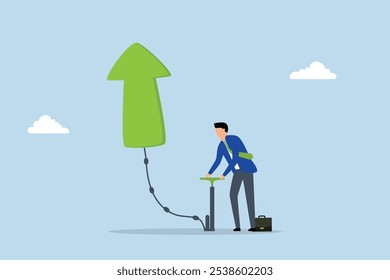 Growing business, Businessman is inflating an air pump to make a green arrow float upwards. 