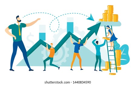 Growing Business Concept Flat Cartoon Vector Illustration. Businessmen Working to Charts Grow up. Creative People Holding and Supporting Arrows. Achieving Success. Earn Money. Man Giving Instructions.