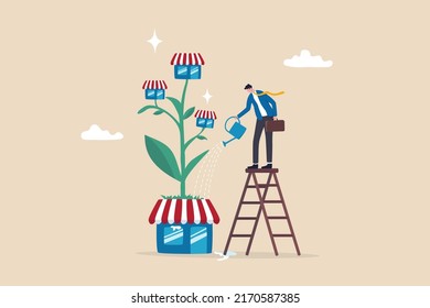 Growing business or expand shop, entrepreneur to start business building company, raising or develop success plan concept, businessman company leader watering shop growing plant with new shop blooming