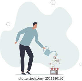 Growing business or expand shop, entrepreneur to start business building company, raising or develop success plan.flat design with people.