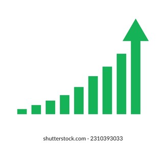 Flecha verde de negocio creciente con gráfico de barras, ilustración de vectores de arco de ganancia.Concepto de negocio, gráfico de crecimiento. Icono de símbolo de concepto de ventas con flecha hacia arriba. Flecha Económica Con Tendencia Creciente.