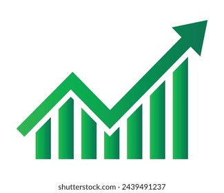 Growing business green arrow on white. Profit arow Vector illustration.Business concept, growing bar chart. Concept of sales symbol icon with arrow moving up. Economic Arrow With Growing Trend.