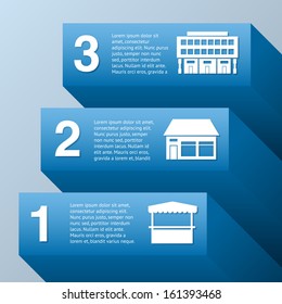 Growing business infographic set with commercial buildings vector illustration