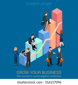 Growing Business Infographics Template Concept Flat 3d Web Isometric Vector. Businessmen Working To Charts Grow Up. Creative People Collection. Build Your Infographic.