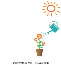 Growing up business and investment dollar plant in the pot and watering can. Financial growth concept. Smart investment. Vector illustration.