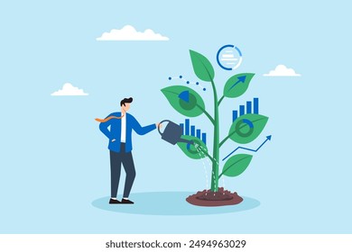 Growing business opportunities, nurturing insights, fostering economic growth concept vector illustration. Analyst watering plant with data leaves