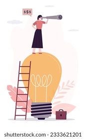 Growing business project needs funding. Visionary woman stands on giant light bulb and looking for investments for startup. Search for finance for development of new innovative project. flat vector