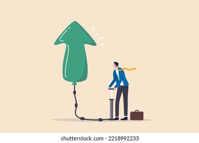 Growing business, raising income or wages, growth or improvement, increase price, interest rate or inflation, rising up direction concept, businessman inflate air pump into floating green arrow up.