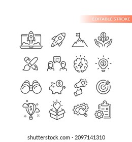 Crecer negocio, iniciar conjunto de iconos vectoriales. Iconos con el esquema de inicio.