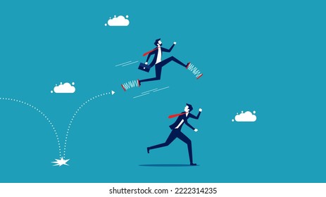 Growing by leaps and bounds over competitors. Businessman runs far with springs and wins over competitors