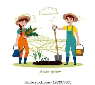 Growing and care of plants. Vector cartoon illustration with young adult man and woman in overalls with shovel, basket and watering can ready to work in the garden. Favorite hobby - gardening plants