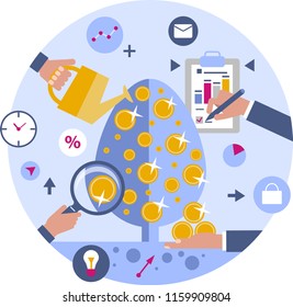 Growing and caring for a money tree. Hands of businessmen. Business and earning money. Receiving and calculating profits. Flat vector illustration