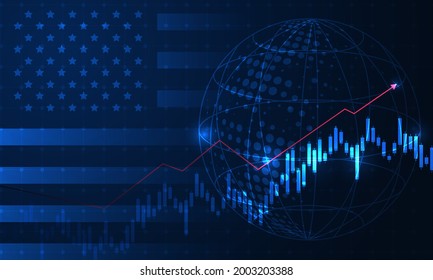 Growing chart against the background of the USA America flag candlestick graph Stock market exchange and graph chart business finance money investment on display board. vector design.