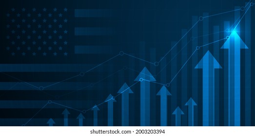 Growing Chart Against The Background Of The USA America Flag Candlestick Graph Stock Market Exchange And Graph Chart Business Finance Money Investment On Display Board. Vector Design.