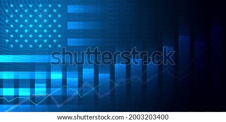 Growing chart against the background of the USA America flag candlestick graph Stock market exchange and graph chart business finance money investment on display board. vector design.