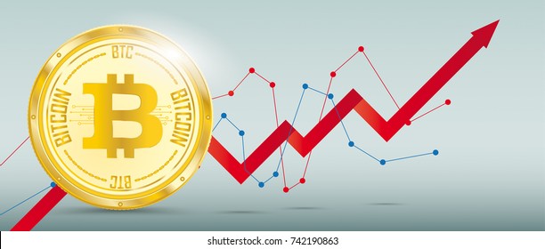 Growing chart with golden bitcoin on the green background. Eps 10 vector file.