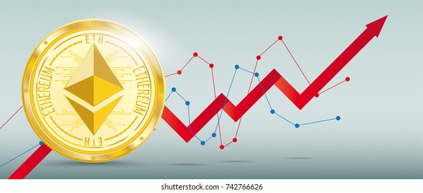 Growing chart with golden ethereum on the green background. Eps 10 vector file.